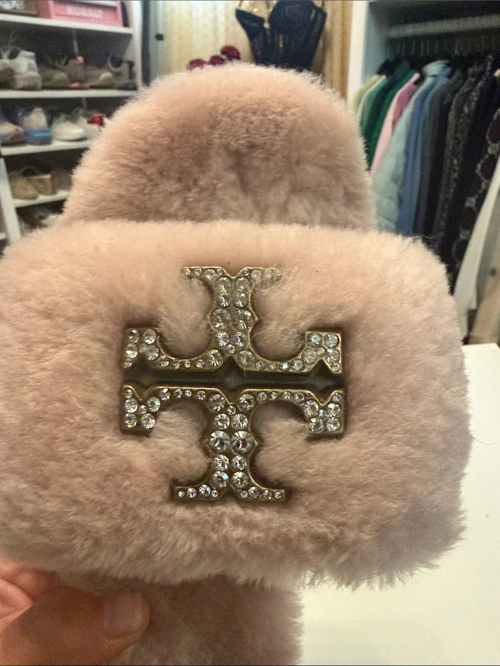 Tory Burch Embellished Pink Faux-Fur Slide Sandals